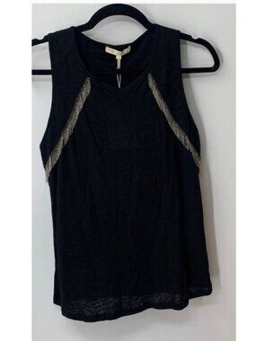 Maje womens black linen silver fringe embroidered Tank Top sz 2
